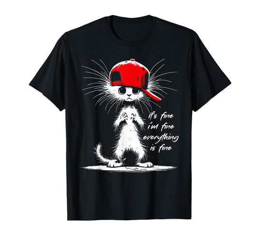 White Cat It's Fine I'm Fine Everything Is Fine Funny T-Shirt