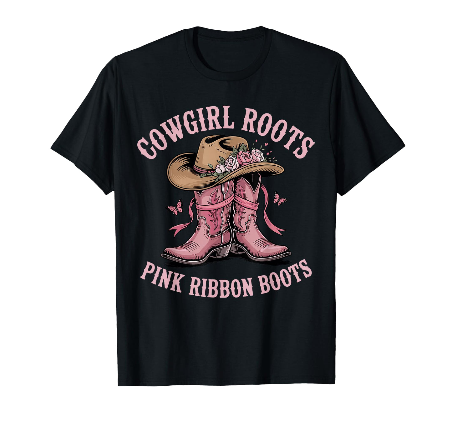 Cowgirl Roots Pink Ribbon Boots Breast Cancer Awareness T-Shirt