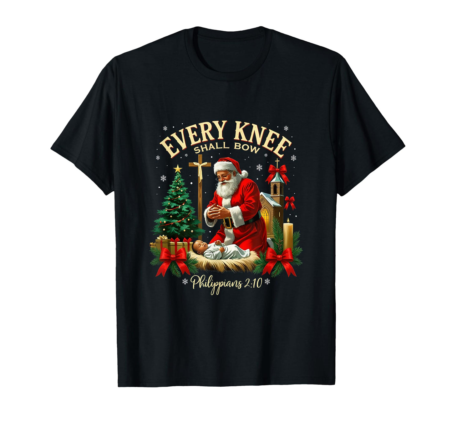 Santa Christmas Nativity Scene Xmas Every Knee Shall Bow T-Shirt