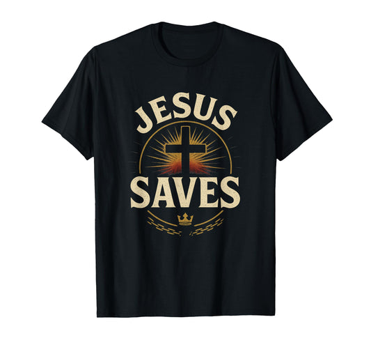 Jesus Saves Cross Chain Broken Crown Distressed Style T-Shirt
