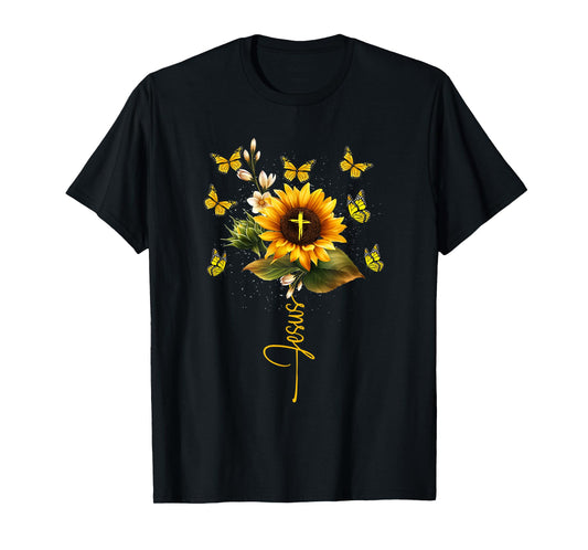 Sunflower Jesus Cross Butterflies Art Religious Christian T-Shirt