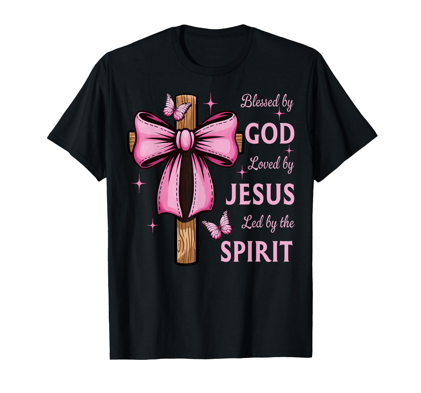 Blessed by God Loved by Jesus Pink Coquette Bow And Cross T-Shirt