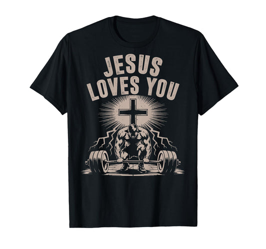 Jesus Loves You Funny Christian Workout Gym Barbell Cross T-Shirt