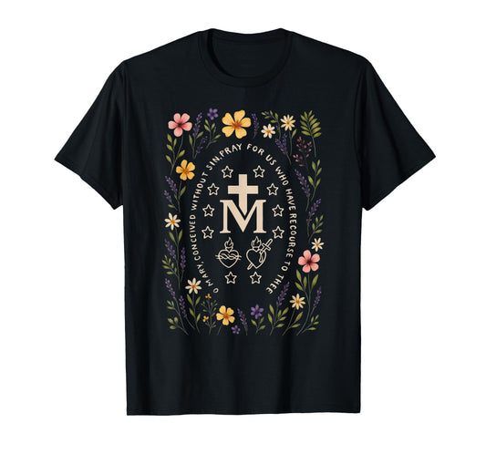 Marian Cross Floral Virgin Mary Catholic Mary T-Shirt