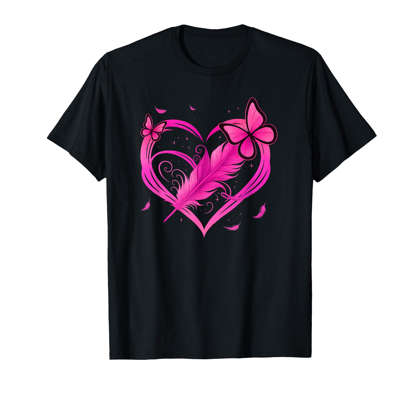 Pink Heart Butterfly Feather Breast Cancer Awareness T-Shirt