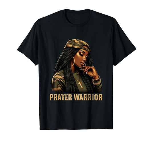 Prayer Warrior Black Woman Camo Christian Faith Empowerment T-Shirt
