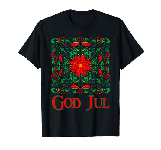 Norwegian Rosemaling God Jul Christmas Poinsettia Folk Art T-Shirt
