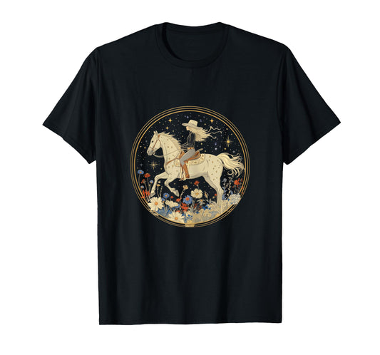 Cowgirl Riding Horse In Wildflower Field Floral Horse Girl T-Shirt