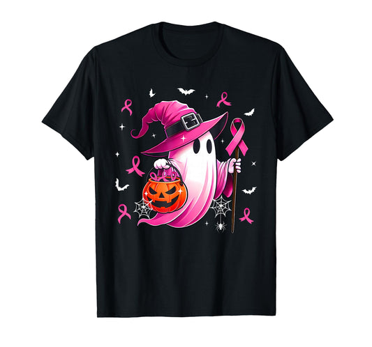 Breast Cancer Awareness Pink Ghost Witch Halloween Women T-Shirt