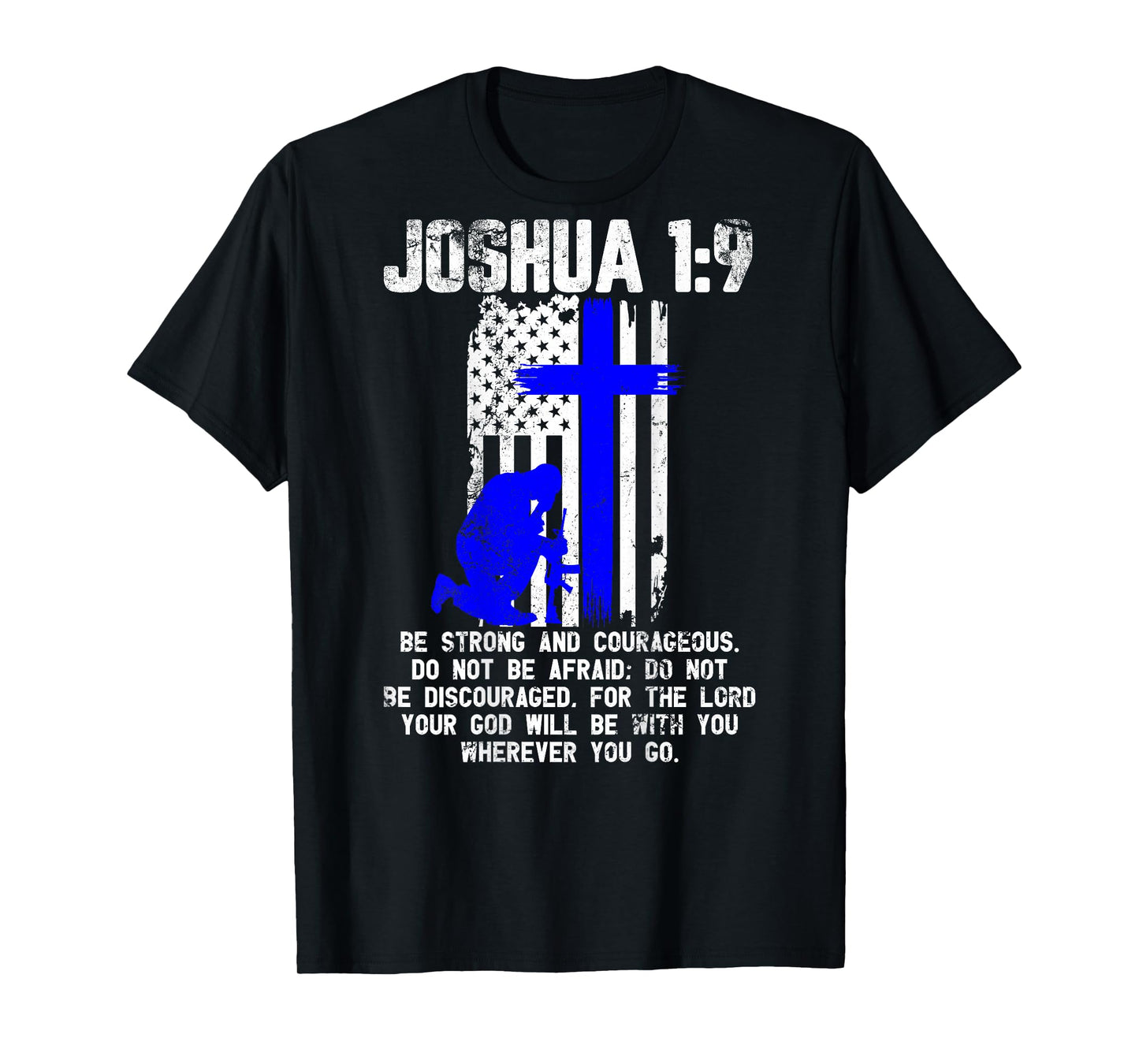 Thin Blue Line Police Cross Bible Verse Christian USA Flag Women Men T-Shirt
