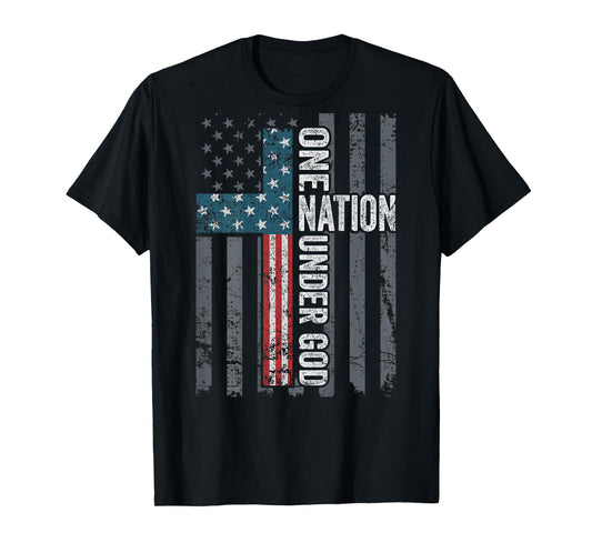 ONE NATION UNDER GOD - USA Cross Flag Christian - ON BACK T-Shirt