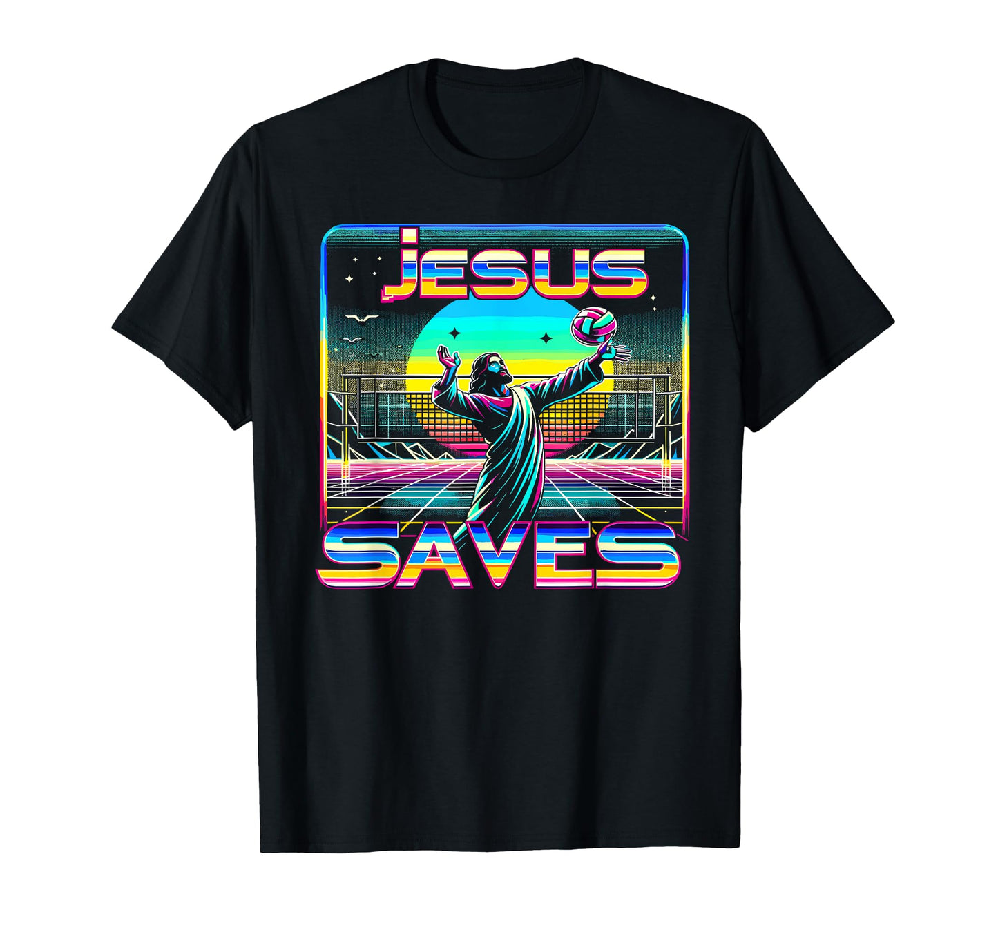 80s Vaporwave Jesus Saves Volleyball T-Shirt