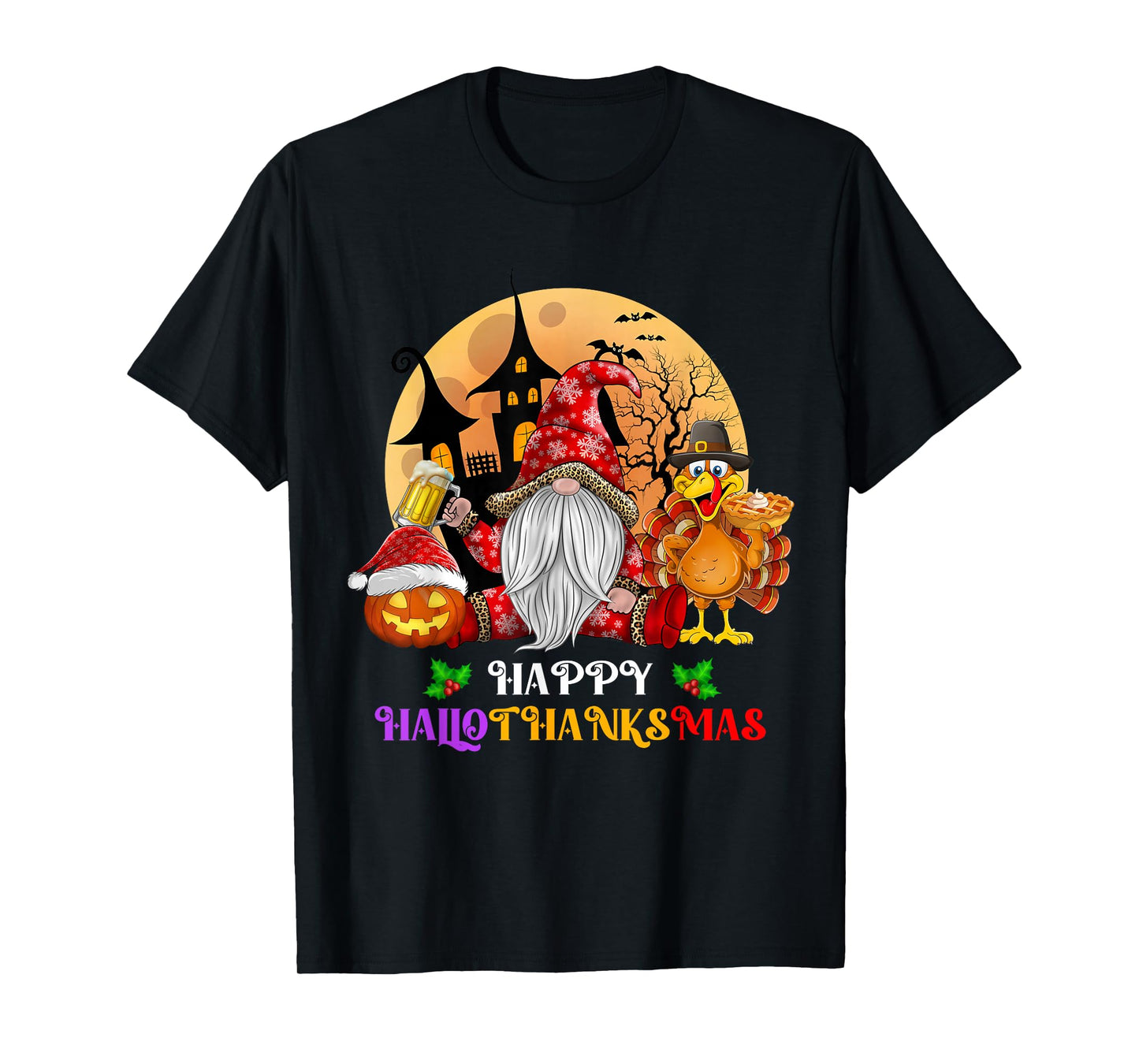 Happy Hallothanksmas Halloween Thanksgiving Merry Christmas T-Shirt