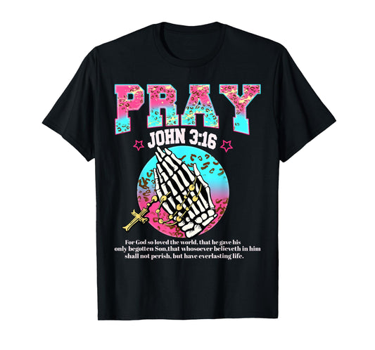 Pray John 3:16 Prayer Hands Christian Pink Leopard Print T-Shirt