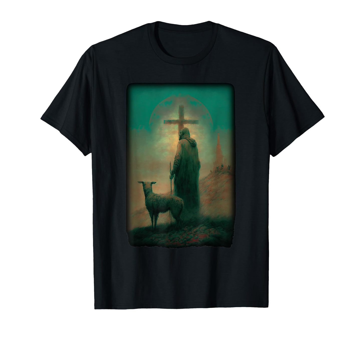 Biblical Jesus Lamb of God Sheep Shepard with Cross Old Art T-Shirt
