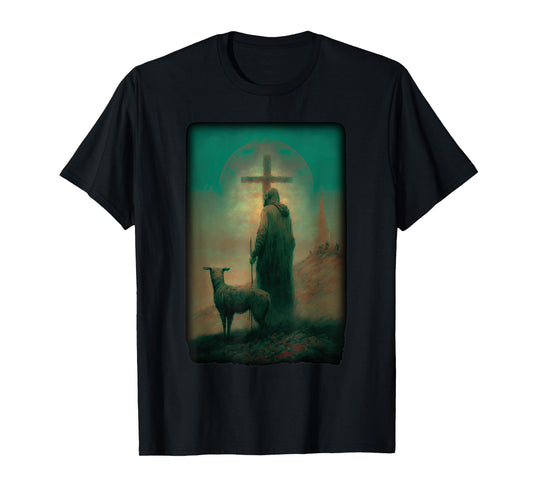 Biblical Jesus Lamb of God Sheep Shepard with Cross Old Art T-Shirt