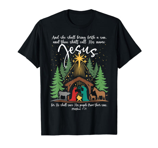 She Shall Bring Forth A Son Jesus Christmas Nativity Scene T-Shirt
