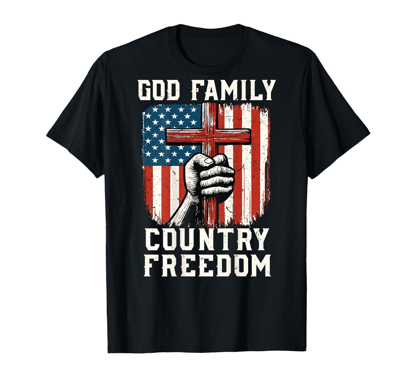 US Flag Cross God Family Country Freedom Christian Patriotic T-Shirt