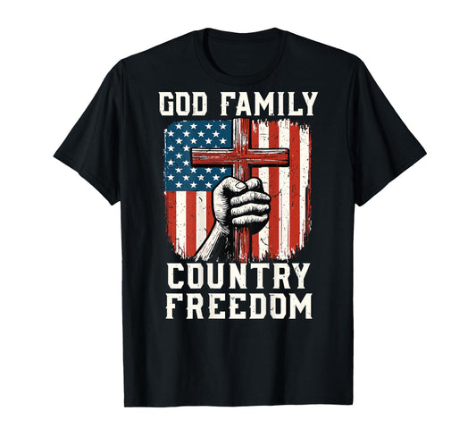 US Flag Cross God Family Country Freedom Christian Patriotic T-Shirt