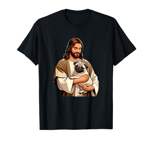 Pug Jesus byAxisone Unisex-Adults Kids T-Shirt Black Small Cartoon Christmas