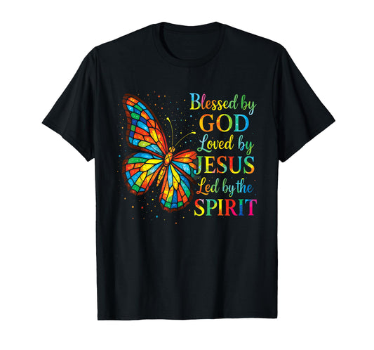 Blessed by God Loved by Jesus Stained Glass Butterfly T-Shirt