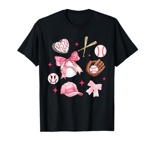 Coquette Bow Baseball Mom Pink Bow Mothers Day Women Girls T-Shirt