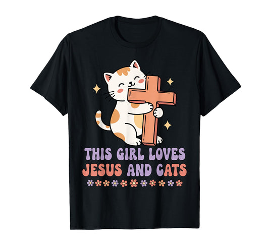 Christian This Girl Loves Jesus and Cats Cat Hugging Cross T-Shirt
