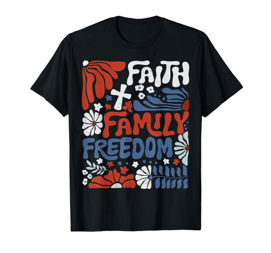 Patriotic Christian Faith Family Freedom Boho Floral Cross T-Shirt