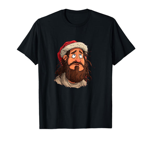 Funny Jesus Face with Santa Claus Hat for Xmas Night T-Shirt