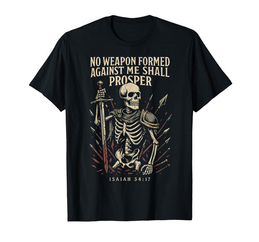 Christian Vintage Gothic Skeleton Bible Verse Isaiah 54:17 T-Shirt