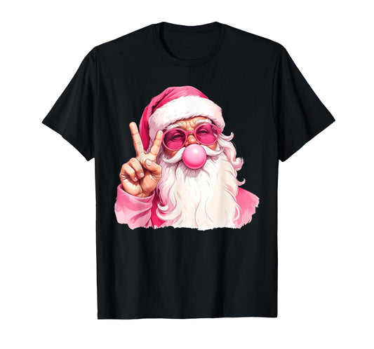 Vintage Retro Santa Christmas Bubble Gum Pink Sunglasses T-Shirt