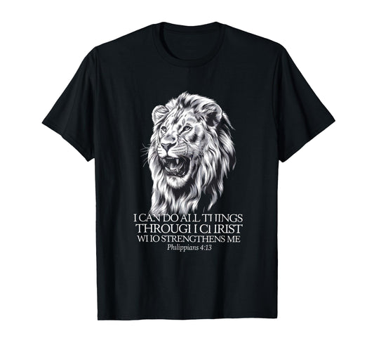 Christian Tshirt Philippians 4:13 Religious Lion Strengthens T-Shirt