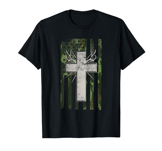 Jesus Christian Cross Hunting American Flag Camo Deer Hunter Women Men T-Shirt