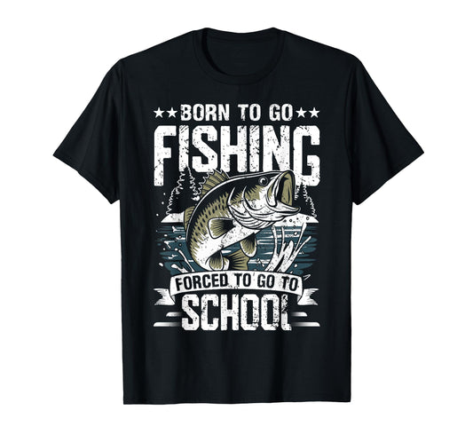 Teen Boys Fishing Shirt Forced To Go To School Bass Fish T-Shirt