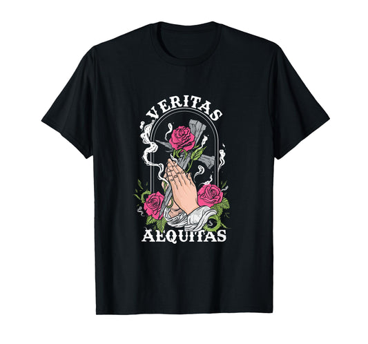 Veritas Aequitas Cross Roses Praying Hands Pray God Gift T-Shirt