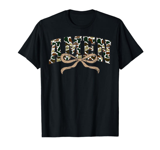 Retro Camo Amen Coquette Bow Camouflage Old Religious Faith T-Shirt