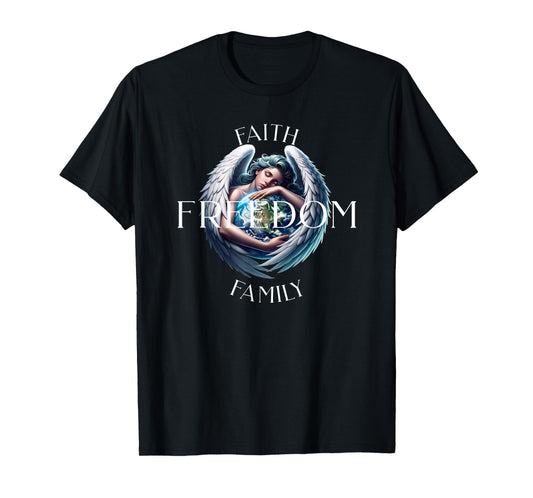 Faith Family Freedom Angel with Globe T-Shirt