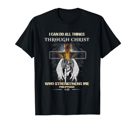 Philippians 4:13 Christian Verse Gift Lion Cross Men Knight T-Shirt