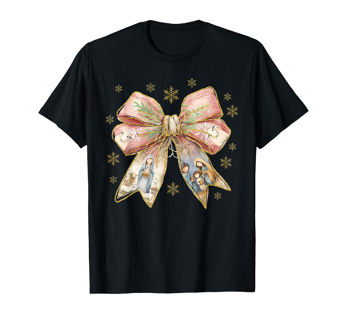 Coquette Bow Snowflake Jesus Christmas Xmas Holiday Family T-Shirt