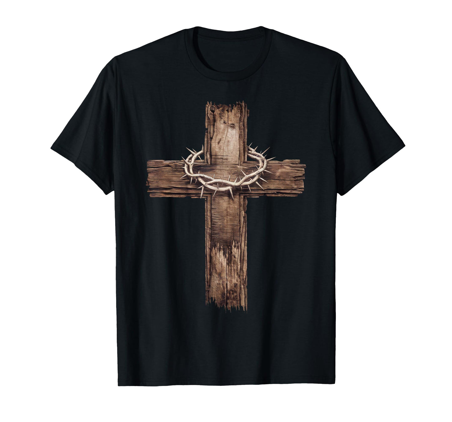 Rustic Wooden Cross Graphic Crown of Thorns Christian Faith T-Shirt