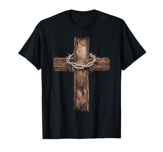 Rustic Wooden Cross Graphic Crown of Thorns Christian Faith T-Shirt