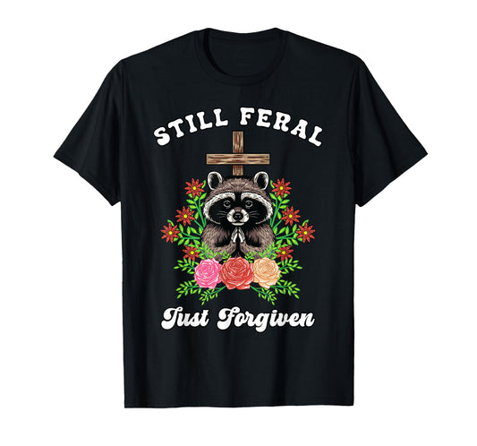 Christian Raccoon Cross Still Feral Just Forgiven Faith Boho T-Shirt