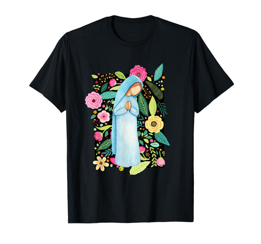 Marian Floral Blessed Mother Mary Catholic Women Girls T-Shirt