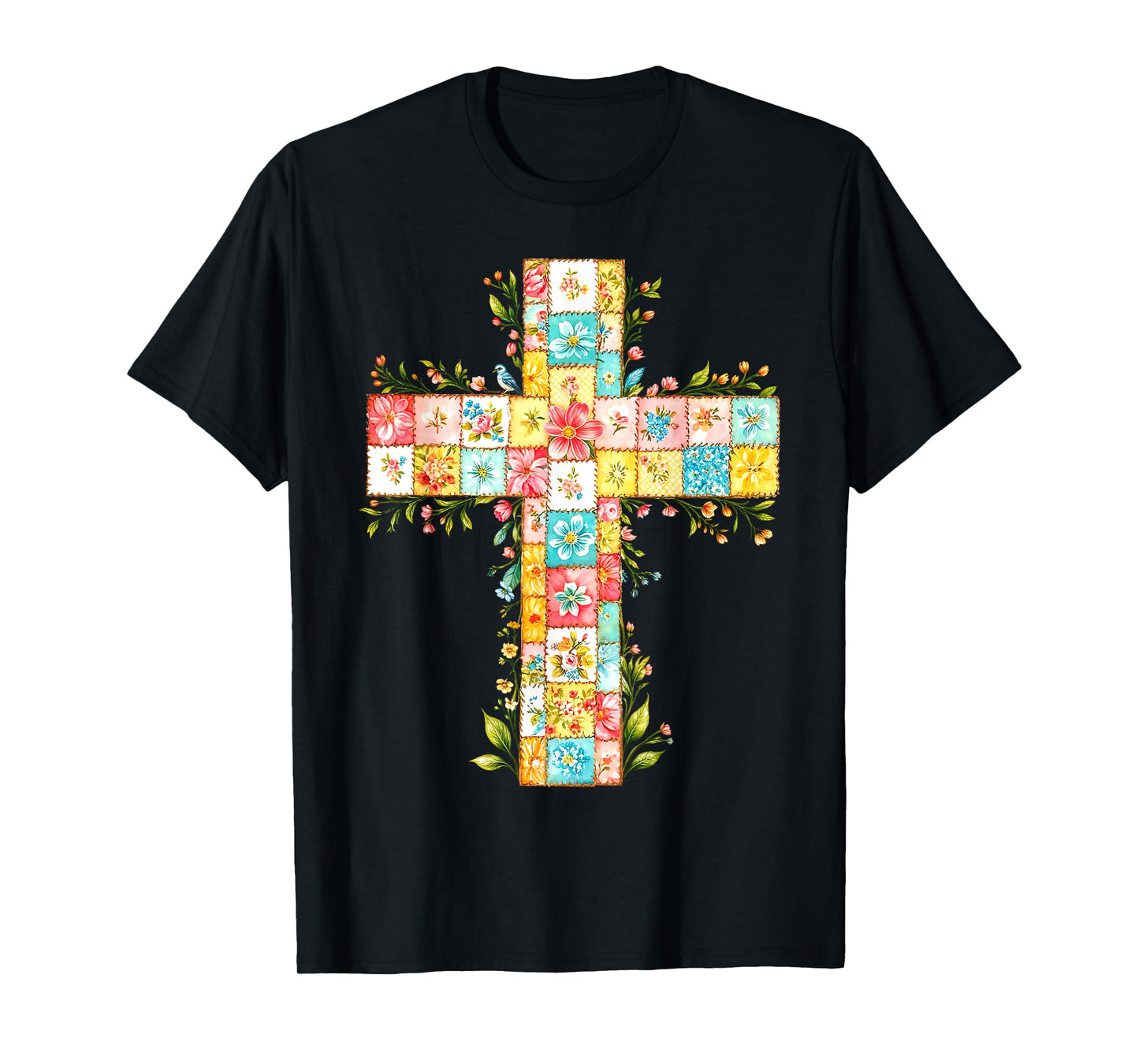 Vintage Floral Patchwork Cross Christian Faith Religious T-Shirt