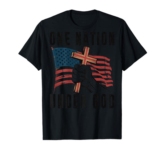 One Nation Under God Christian Patriotic Cross American Flag T-Shirt