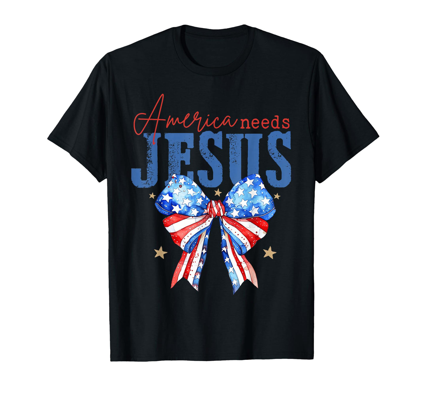 America Needs Jesus Christian USA Flag 4th Of July Bow Retro T-Shirt