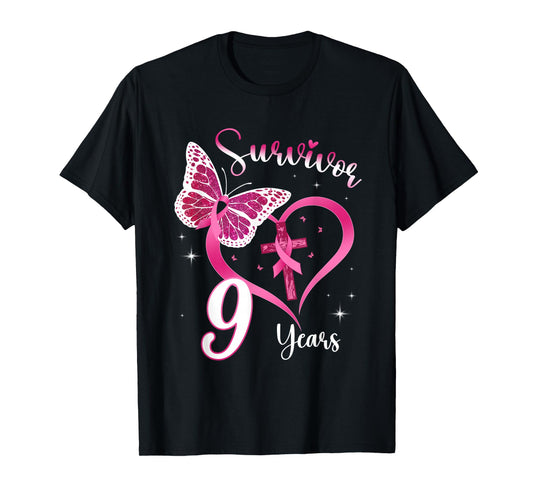 Breast Cancer Survivor Pink Ribbon Butterfly 9 Years Gift T-Shirt
