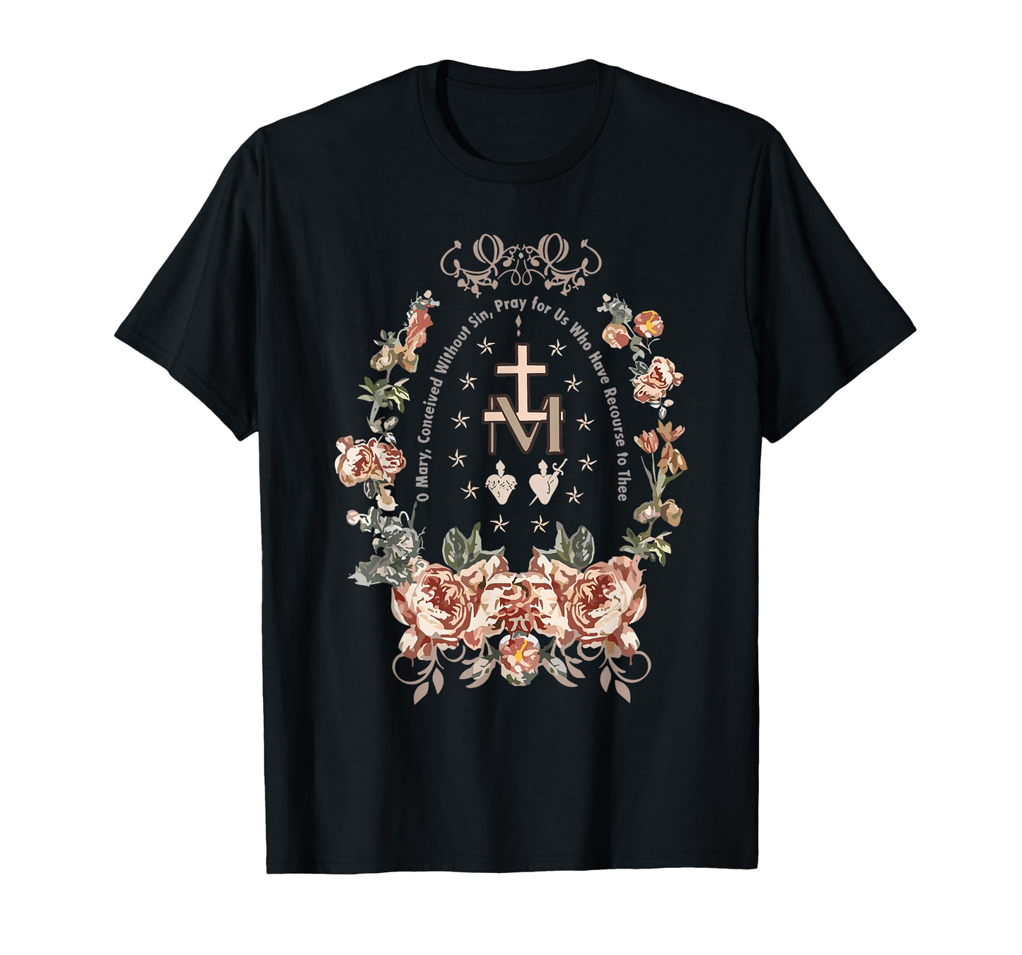 Marian Cross Floral Virgin Mary Catholic Art T-Shirt