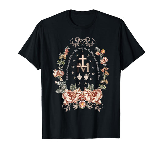 Marian Cross Floral Virgin Mary Catholic Art T-Shirt