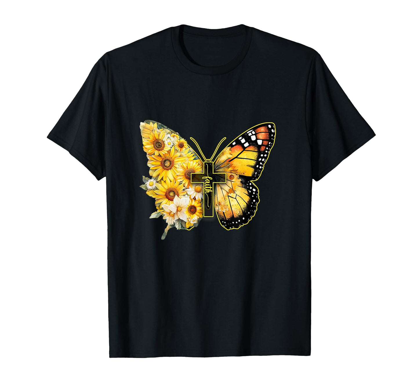 Faith Cross Sunflower Butterfly Christian Women Vintage T-Shirt